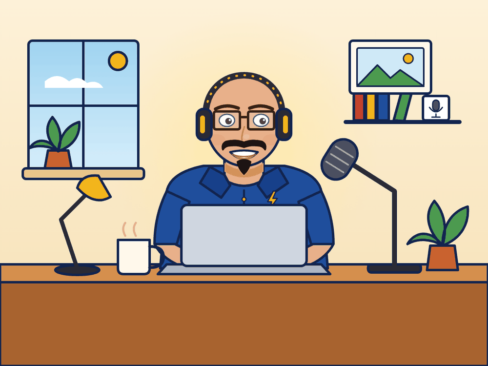 Cartoon of William wearing headphones and working at a laptop in a cozy workspace, with a microphone, a coffee mug, and plants